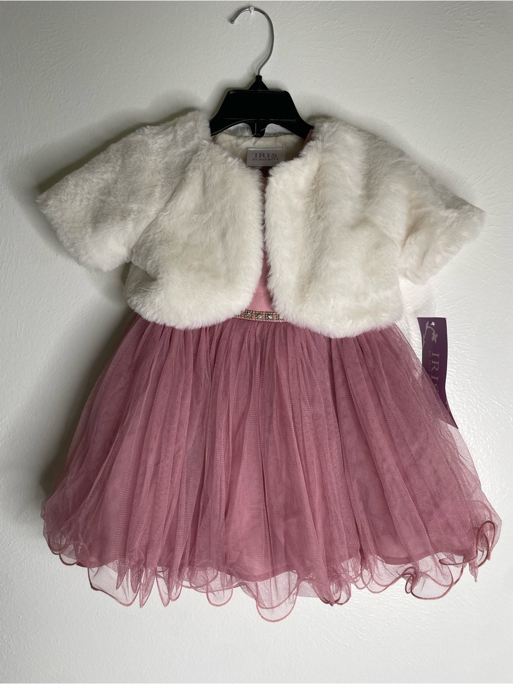 iris & ivy Dusty Rose Tulle Dress with Cream Faux Fur Bolero